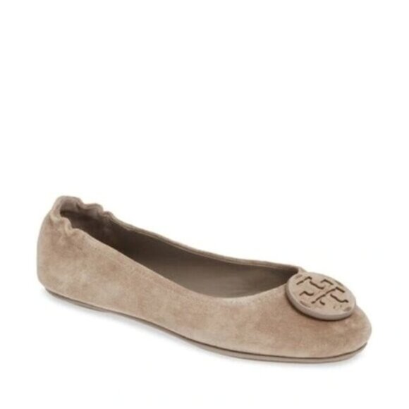 Tory Burch Minnie Suede Ballet Flats Taupe/Gray Leather Slip-On Logo Shoes 7 - Picture 1 of 8